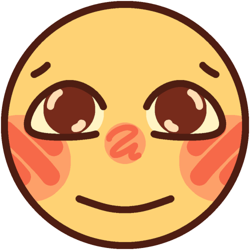 A yellow person with cheek blush and brown eyes smiling